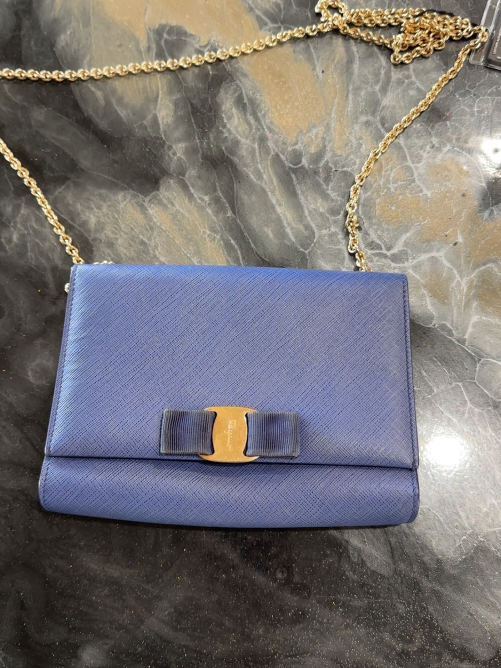 Salvatore Ferragamo Navy Blue Vara Bow Leather Crossbody with Gold Chain